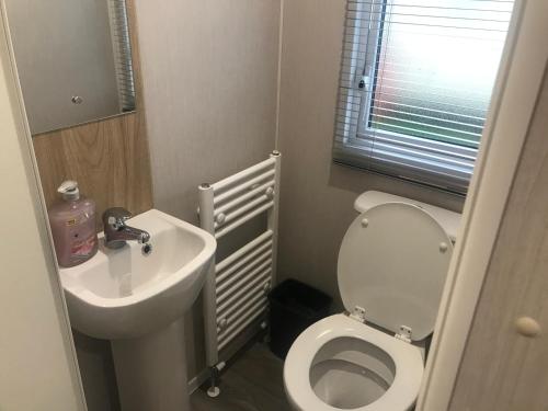 a small bathroom with a toilet and a sink at Captivating 3-Bed brand new Luxury Caravan in Skipsea