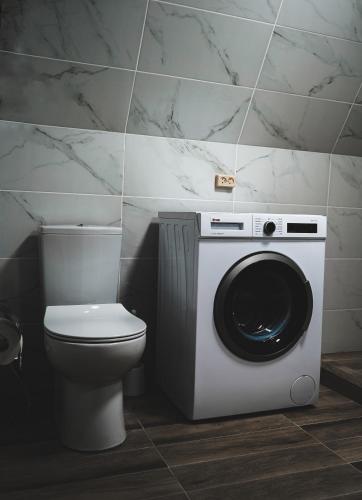 a toilet and a washing machine in a bathroom at Morning Star Kazbegi in Kazbegi