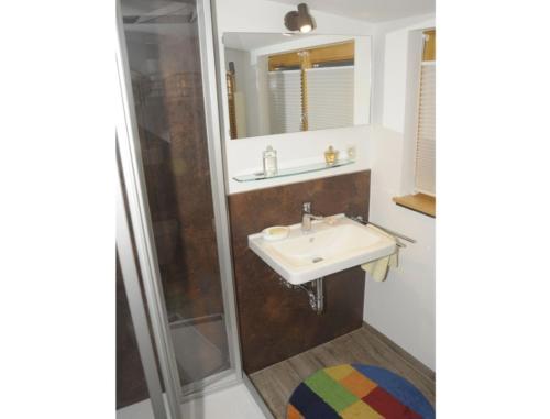 ein Bad mit einem Waschbecken und einer Dusche in der Unterkunft Ferienhaus Glashütt in Sankt Englmar
