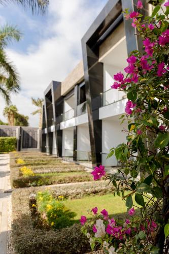 an exterior view of a building with pink flowers at Nile Club hotel in Cairo