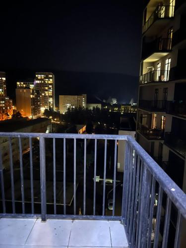 第比利斯Two-Bedroom Apartment in Saburtalo District的阳台,晚上可欣赏到城市景观
