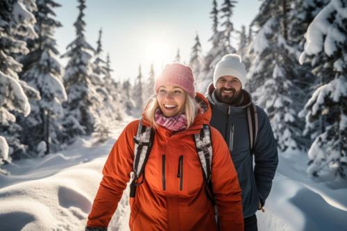 um homem e uma mulher andando na neve em Boutiquehotel Lindenhof em Oberdrauburg
