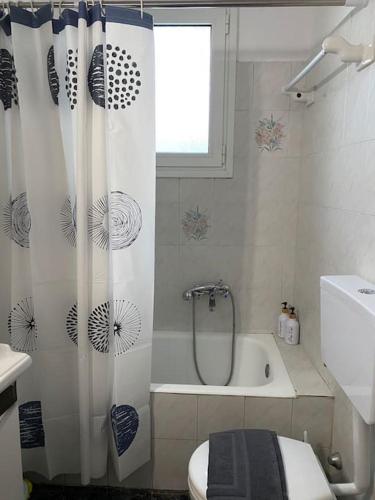 a bathroom with a shower and a toilet and a tub at Home Pap in Volos