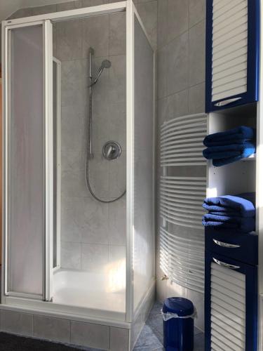a shower stall in a bathroom with blue towels at Ferienwohnung Graswald mit Panoramablick in die Rhön in Kaltennordheim
