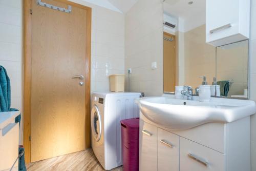 a bathroom with a sink and a washing machine at Holiday Home Svjetlana in Risika