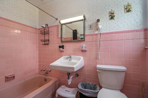 a pink bathroom with a sink and a toilet at Jensen's RV Park and Motel in South Haven