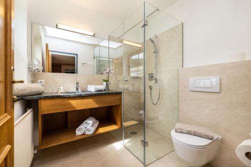 ein Bad mit einer Dusche, einem WC und einem Waschbecken in der Unterkunft Pension Kreuzer in Flachau