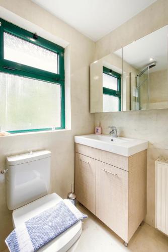 a bathroom with a toilet and a sink and a mirror at Villa Murtal in Gerani