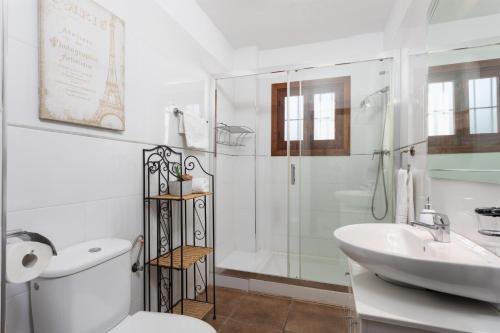 een badkamer met een toilet, een wastafel en een douche bij Villa Flower in Cómpeta