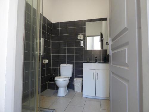 une salle de bain avec toilettes, lavabo et miroir dans l'établissement 