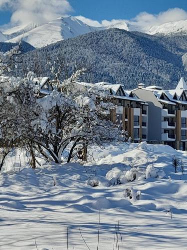 a building in the snow with mountains in the background at VIP Apartments Belvedere with terrace K105 in Bansko