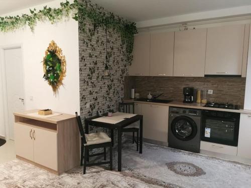 a kitchen with a table and a washing machine at Studio Green Modern! in Suceava