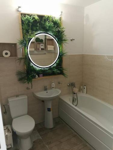 ein Badezimmer mit Toilette, Waschbecken und Spiegel in der Unterkunft Studio Green Modern! in Suceava