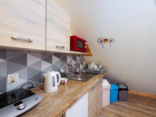a small kitchen with a sink and a microwave at Gazdówka na Mosornym Groniu in Zawoja