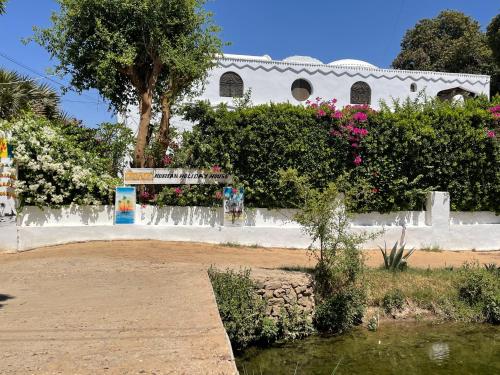 a white building with flowers and a pond in front at Nubian Holiday House Aswan in Aswan