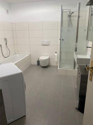 a white bathroom with a toilet and a shower at Wohnen in Weinbergsnähe in Würzburg