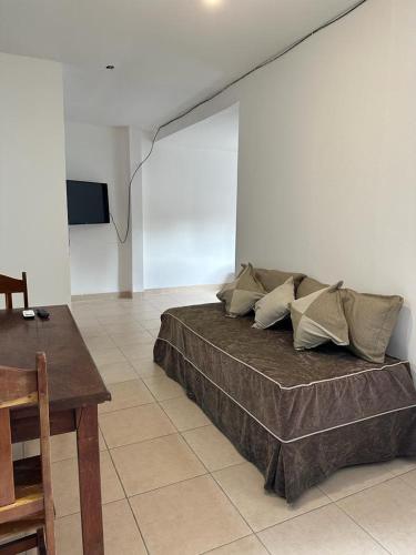 um quarto com uma cama com almofadas e uma mesa em Monoambiente Céntrico2 em Santiago del Estero