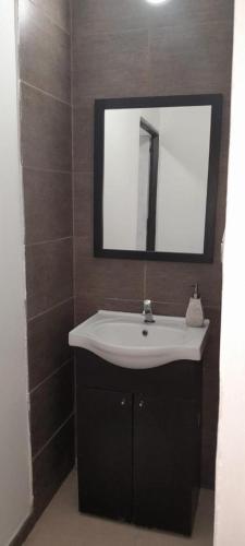 a bathroom with a white sink and a mirror at Monoambiente Céntrico2 in Santiago del Estero