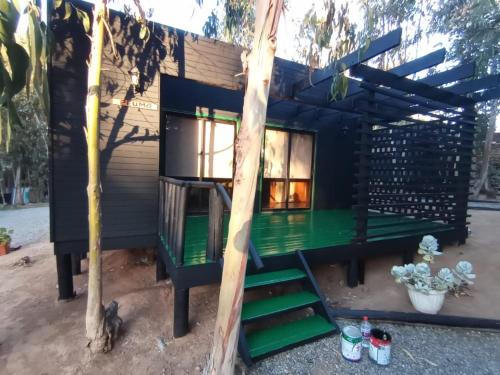 a black tiny house with a green roof at Bosques de San José Lodge in Algarrobo