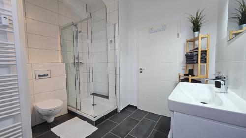 a bathroom with a shower and a toilet and a sink at YourFavoriteBed Designerapartments Zwickau Zentrum in Zwickau