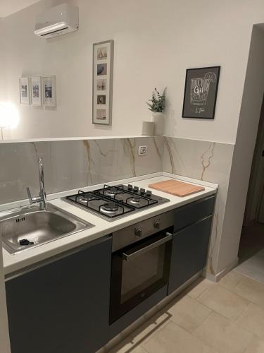 uma cozinha com um lavatório e um fogão forno superior em Emanuele II Apartament Vigevano em Vigevano