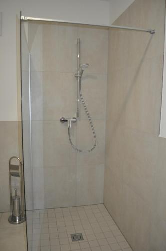W łazience znajduje się prysznic ze szklanymi drzwiami. w obiekcie Sonnige Neubauwohnung - Gratwein w mieście Kugelberg