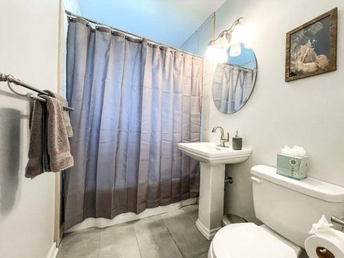 y baño con cortina de ducha, aseo y lavamanos. en Stylish Getaway in the Center of Colorado Springs, en Colorado Springs