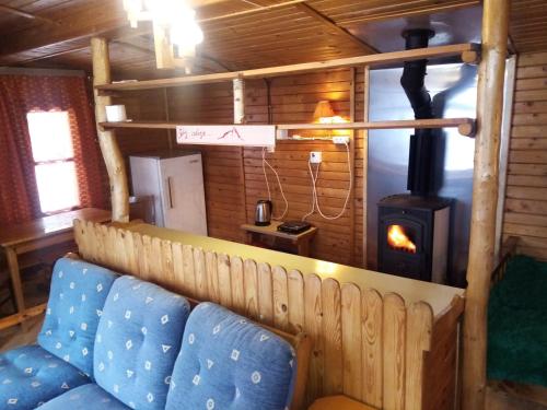 Cette chambre dispose d'un canapé et d'un poêle à bois. dans l'établissement Domek Górski z sauną, à Laliki