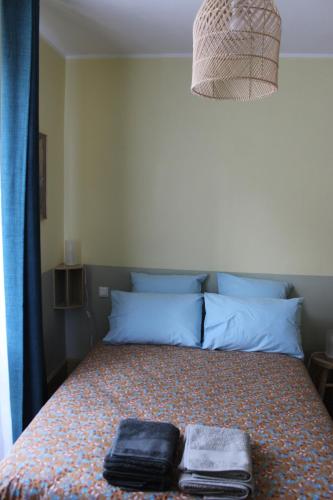 a bed with blue pillows and two towels on it at La Riveraine et les bicyclettes in Saint-Sauveur-de-Montagut