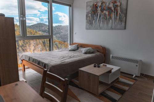 - une chambre avec un lit et une grande fenêtre dans l'établissement Apartmani Jezero Divčibare, à Divčibare