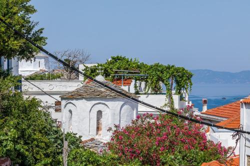 a small white building with a window and trees at Villa Strada in Skopelos Town