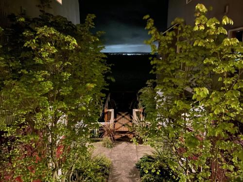 a view of a garden at night through the trees at BOATYARRD Inn # 9 in Langley