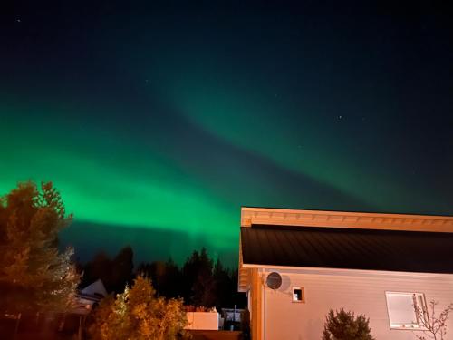 un'immagine dell'aurora che balla nel cielo dietro un edificio di Arctic Circle Home for Winter Holiday a Rovaniemi