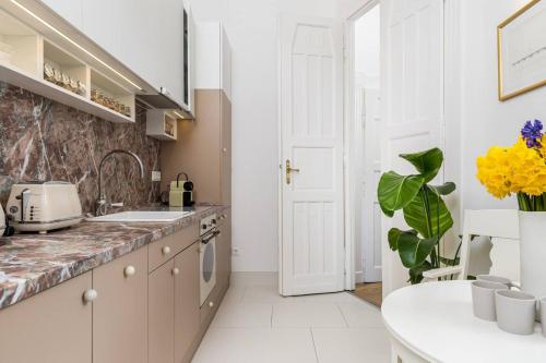 eine Küche mit einer Spüle und einer Arbeitsplatte in der Unterkunft Fully equipped apartment Budapest, Hungary in Budapest