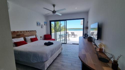 a bedroom with a bed and a view of the ocean at VUE SUR MER in Noumea