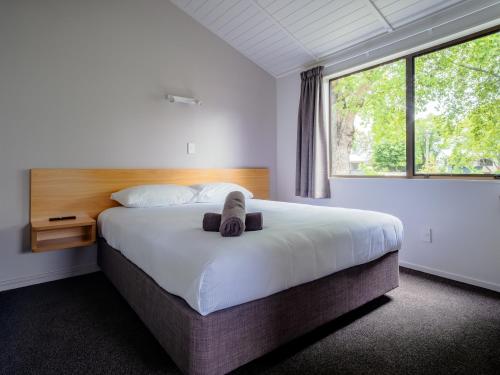 a bedroom with a large bed and a large window at Hastings TOP 10 Holiday Park in Hastings