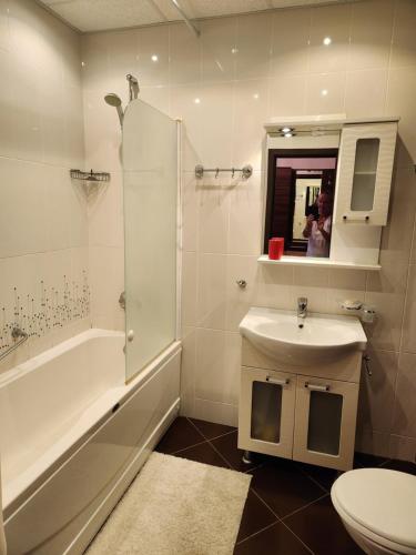 a bathroom with a sink and a toilet and a mirror at Beach View Apartment in Shkorpilovtsi