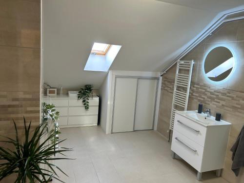 a bathroom with a sink and a skylight at Apartman Kvaka 22 in Bjelovar