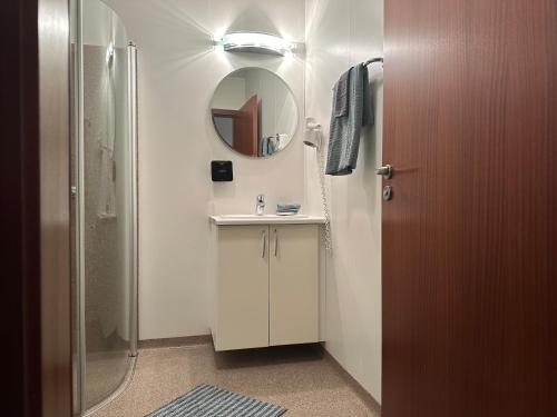 y baño con ducha, lavabo y espejo. en Staðarflöt Apartments, en Hvammstangi