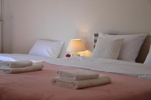 a bedroom with two beds with towels on them at Daizy's Apartment in Volos