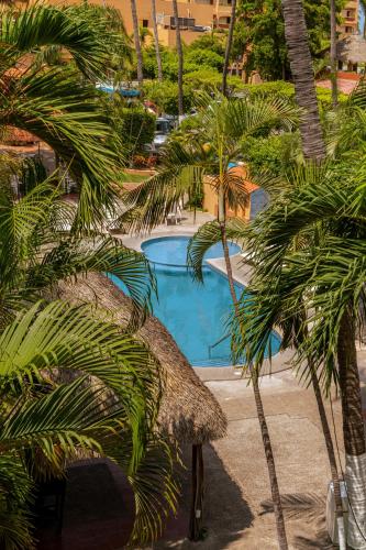 a group of palm trees and a swimming pool at Hotel Margaritas in Mazatlán