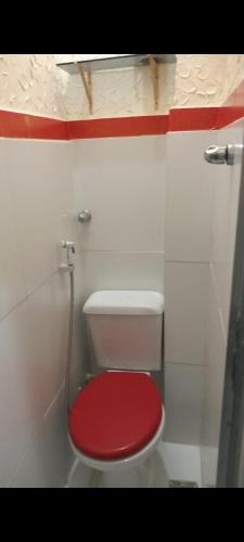 a red toilet with a red seat in a bathroom at Rua barata ribeiro 220 ipanema in Rio de Janeiro