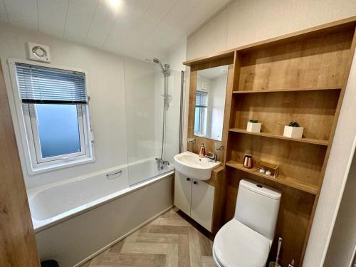a bathroom with a white toilet and a sink at Luxury 3 bedroom Maple View Lodge, Newquay, Cornwall in Newquay