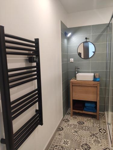 une salle de bain avec un lavabo et un miroir dans l'établissement Maison La Coulonnaise, à Coulon