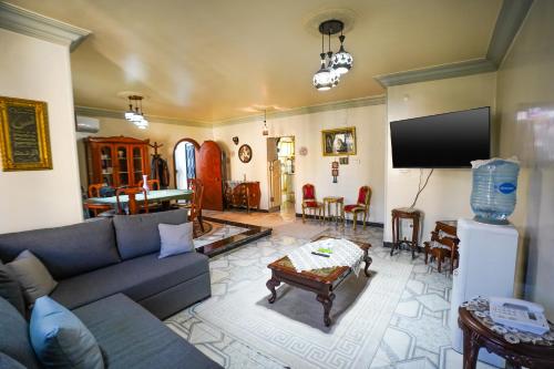 uma sala de estar com um sofá e uma televisão em Spacious flat 7 mins to Airport em Cairo