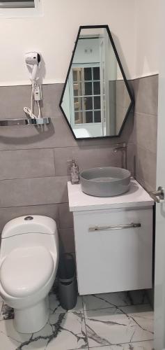 a bathroom with a white toilet and a mirror at 2 PALMAS STR in Aguadilla