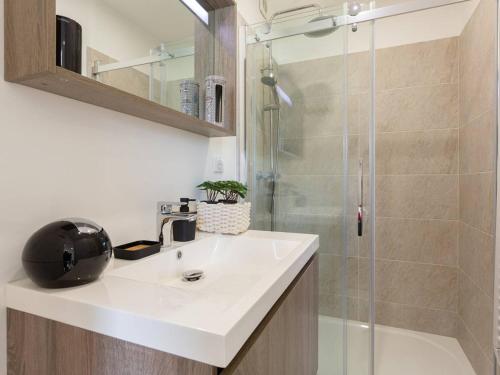 une salle de bain avec un lavabo et une douche dans l'établissement Appartement rénové 3* proche des pistes avec cave, casier à ski et parking public - FR-1-296-468, à Saint-Lary-Soulan