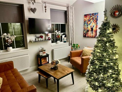 a living room with a christmas tree and a couch at Trinity Apartments Four 1-Bedroom Apts Waterford City Centre in Waterford