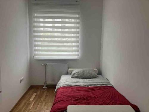 Bett in einem weißen Zimmer mit Fenster in der Unterkunft Apartman Vrbas 1 + Podzemna garaza in Banja Luka