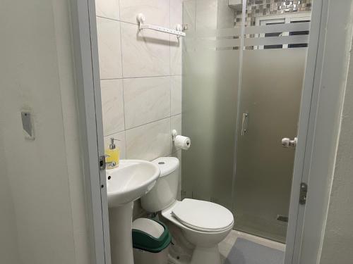a bathroom with a toilet and a sink and a shower at Plataview Apartahotel apt 4A in Monte Plata